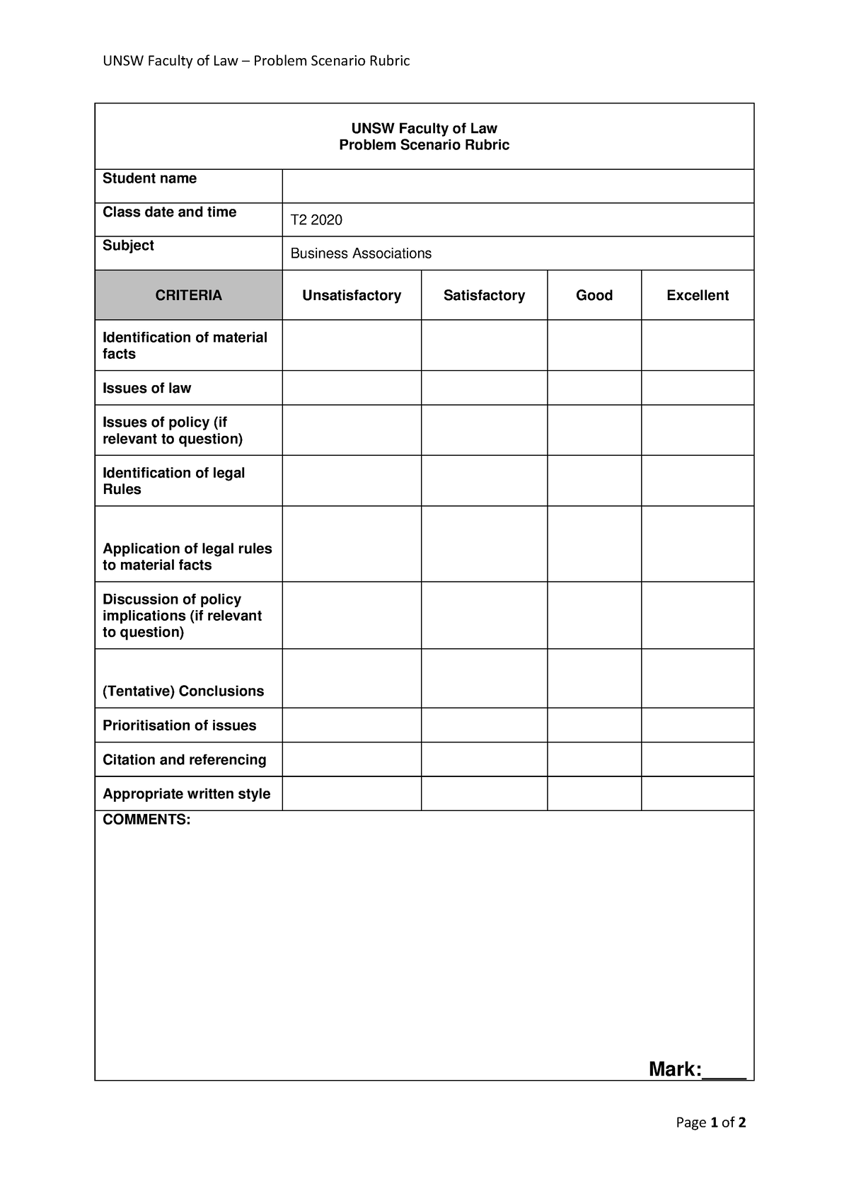 UNSW Law Problem Scenario Rubric - UNSW Faculty of Law – Problem ...