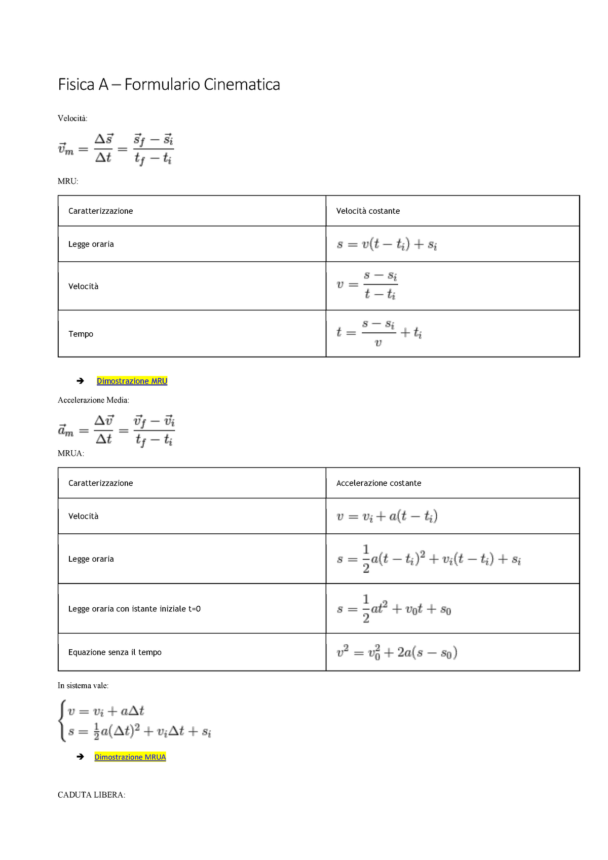 Formulario Fisica generale 1 - Formulario di Fisica Generale I Cinematica  Velocit`a:v=drdt - Studocu