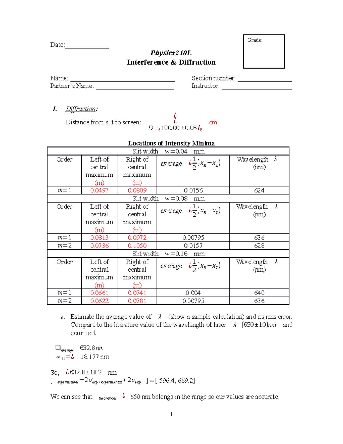 Interference and diffraction - Date:_____________ Physics210L ...