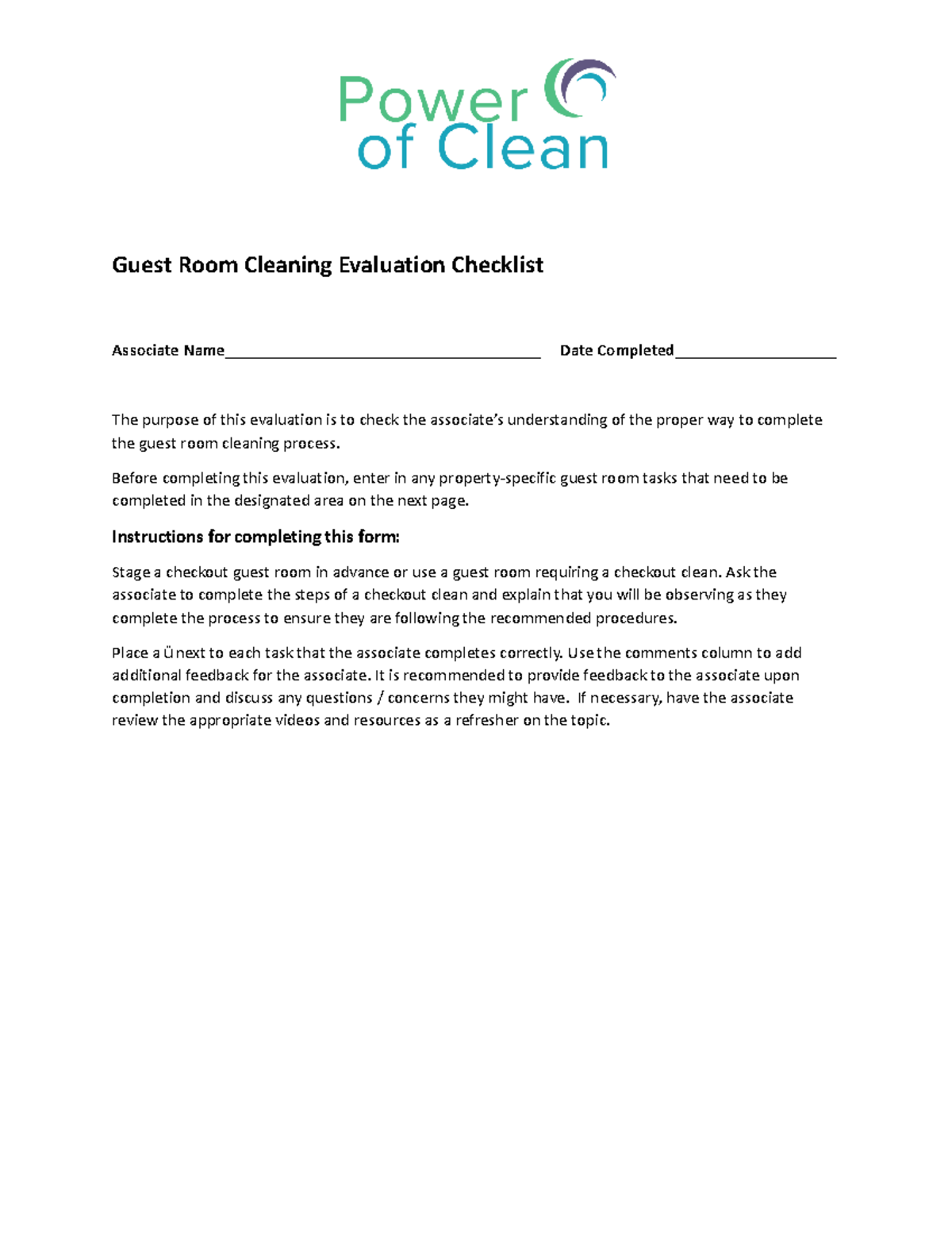Evaluation Checklist Guest Room Cleaning Final ENG Guest Room
