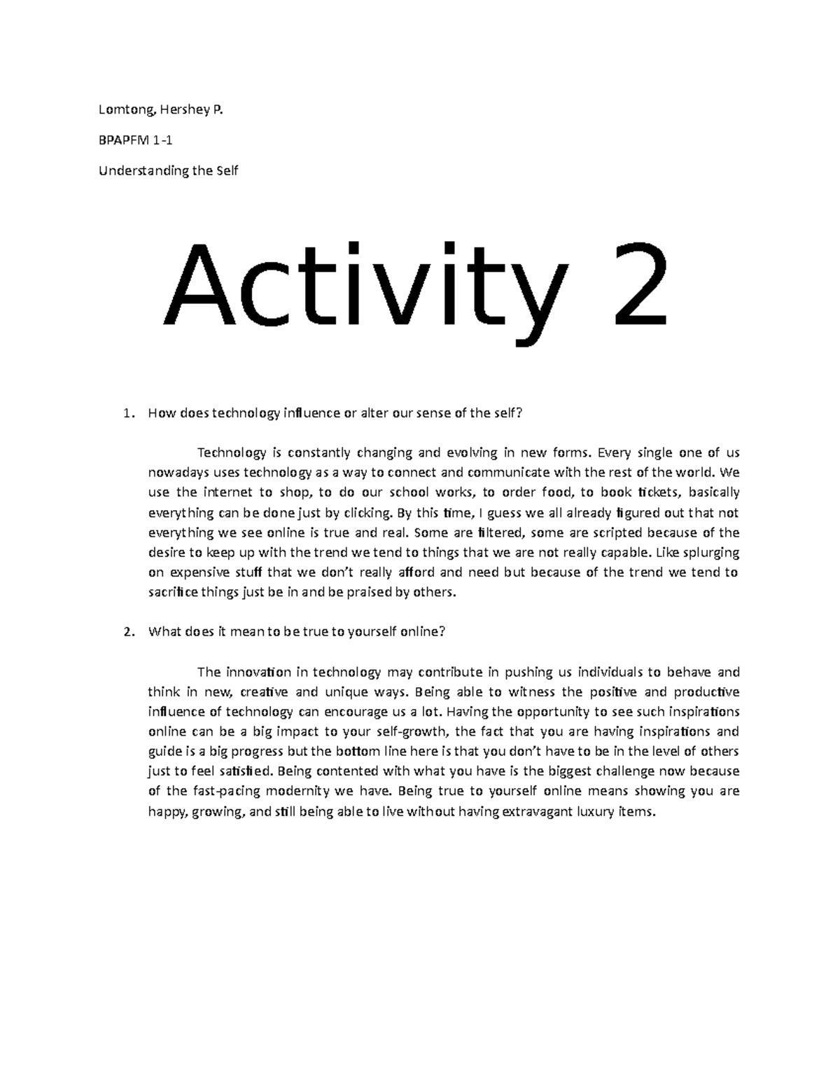 Lomtong UTS Activity 2 Lomtong, Hershey P. BPAPFM 1 Understanding