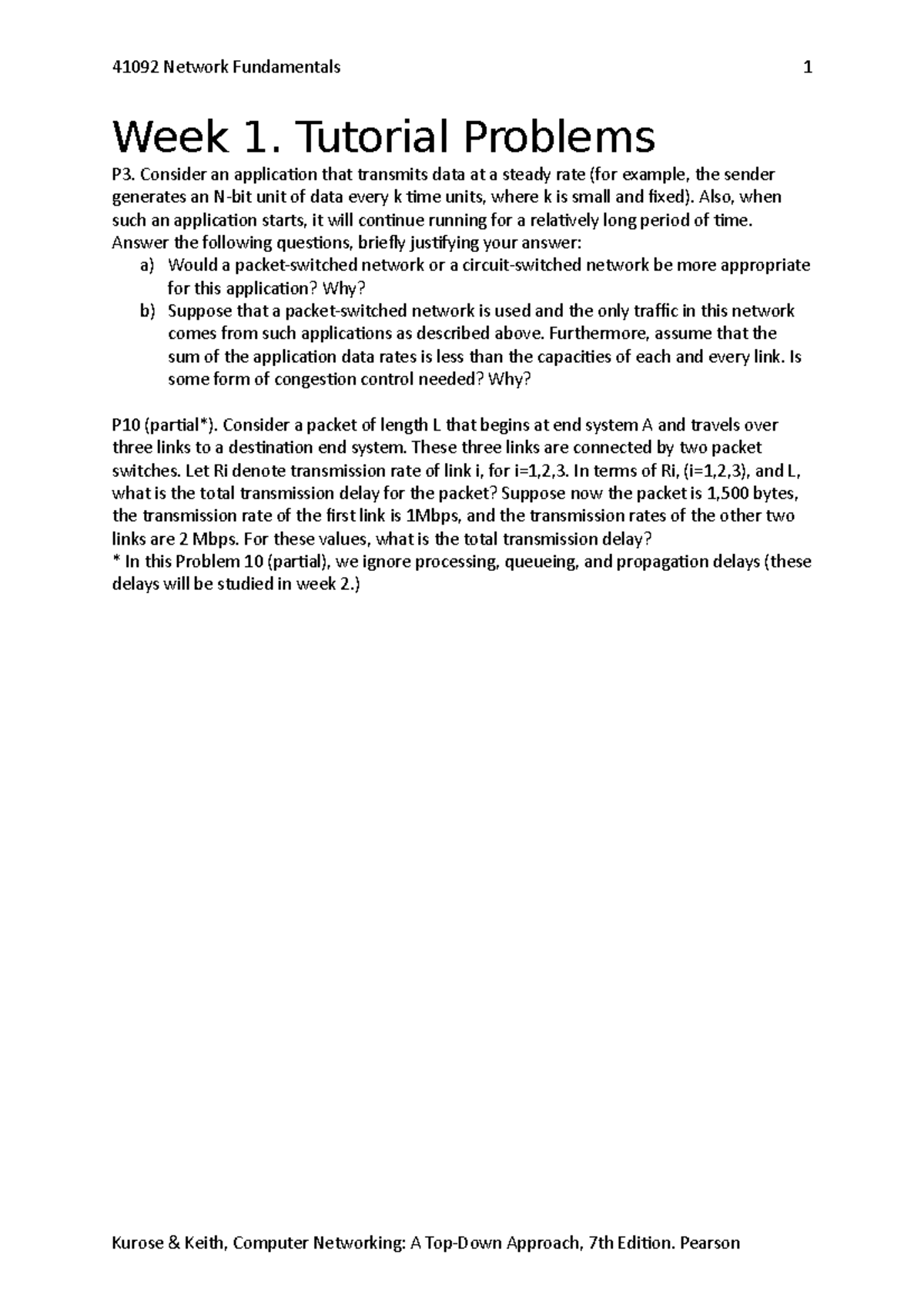Week1-Tutorial Problem - 41092 Network Fundamentals Week 1. Tutorial ...