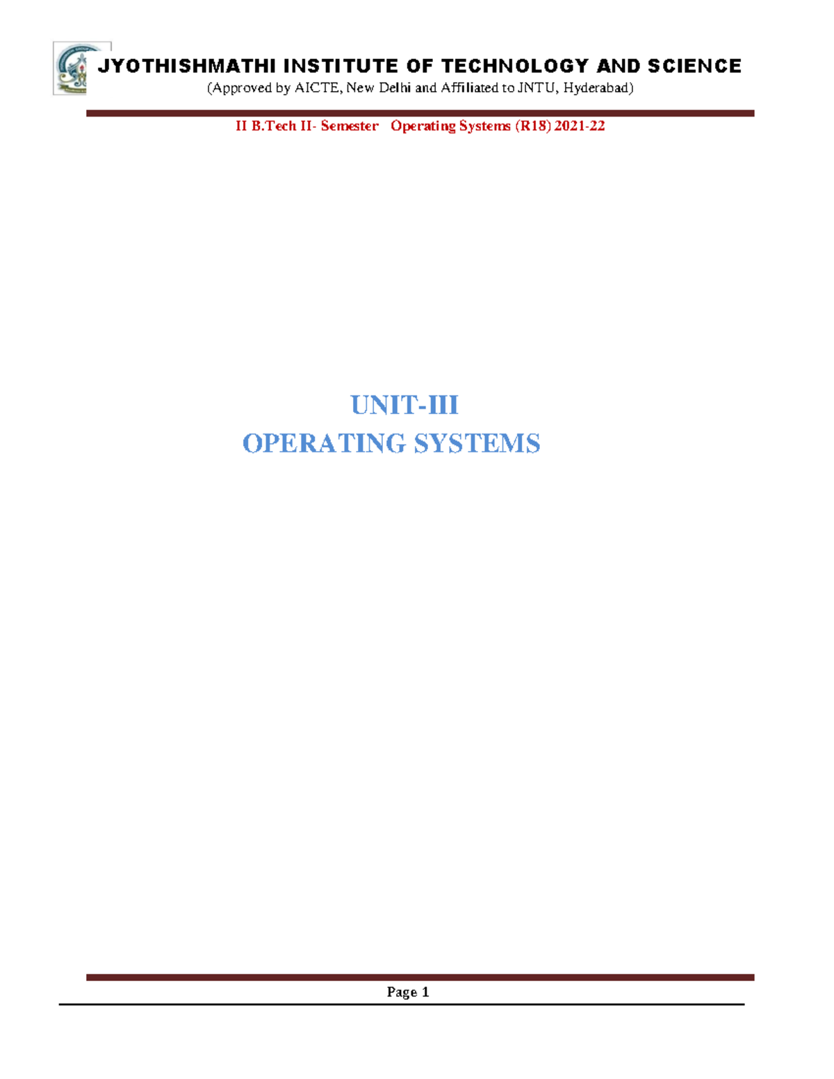 UNIT III Deadlocks IPC - JYOTHISHMATHI INSTITUTE OF TECHNOLOGY AND ...