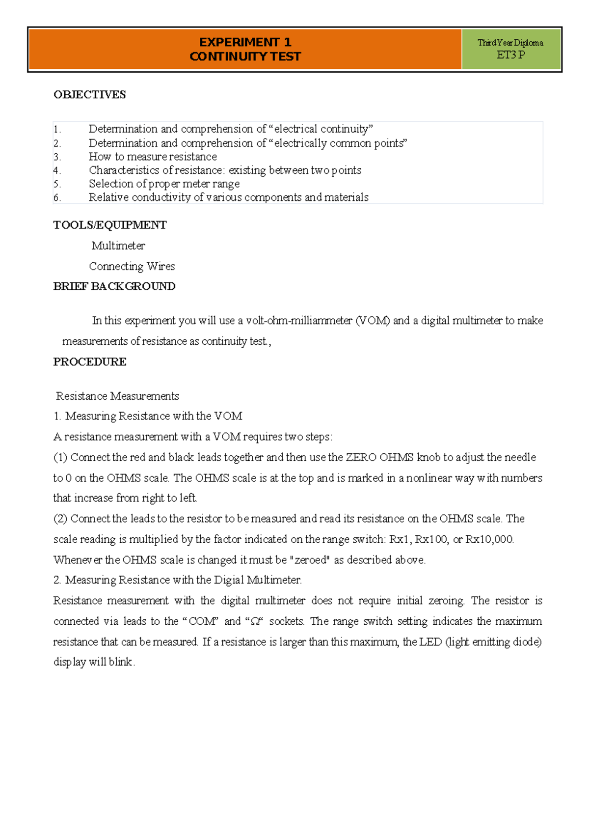 Continuity test lab manual - EXPERIMENT 1 CONTINUITY TEST Third Year ...