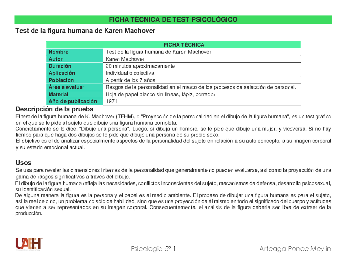 Ficha técnica Figura humana Machover Psicología 5 1 Arteaga Ponce