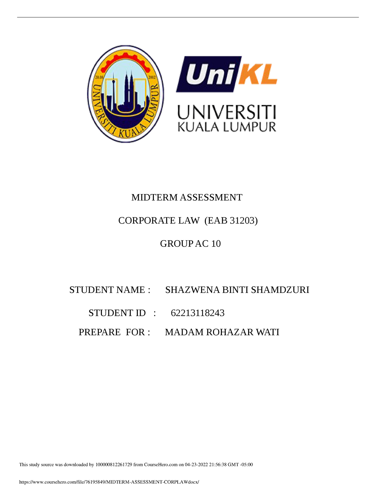 Midterm Assessment Corplaw - MIDTERM ASSESSMENT CORPORATE LAW (EAB ...