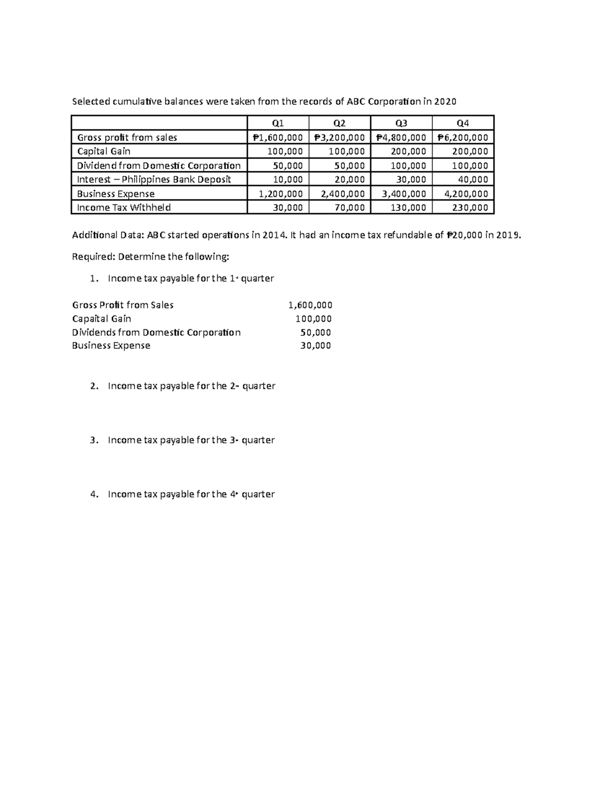Quarterly Corporate Tax Computation Selected cumulative