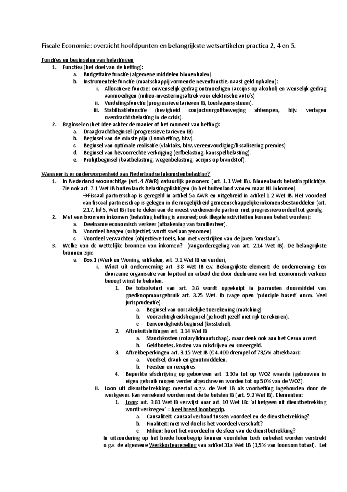Overzicht Belangrijkste Wetsartikelen - Fiscale Economie: Overzicht ...