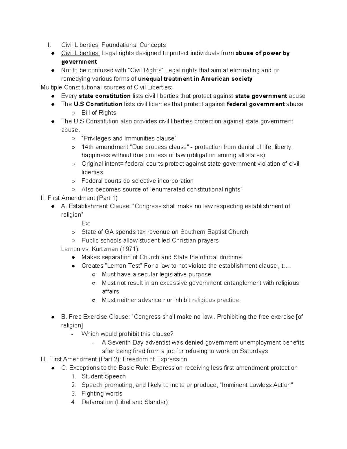 Ch. 6 Civil Liberties - I. Civil Liberties: Foundational Concepts Civil ...