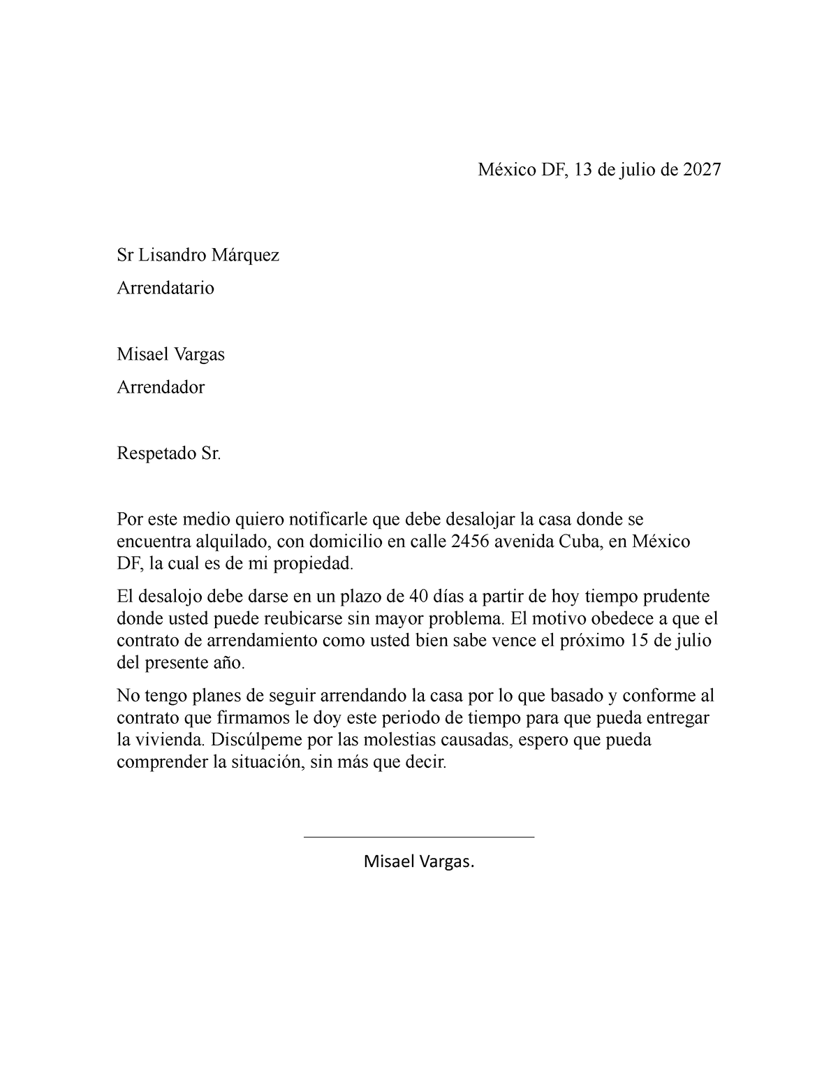 Carta De Desalojo De Vivienda México Df 13 De Julio De 2027 Sr