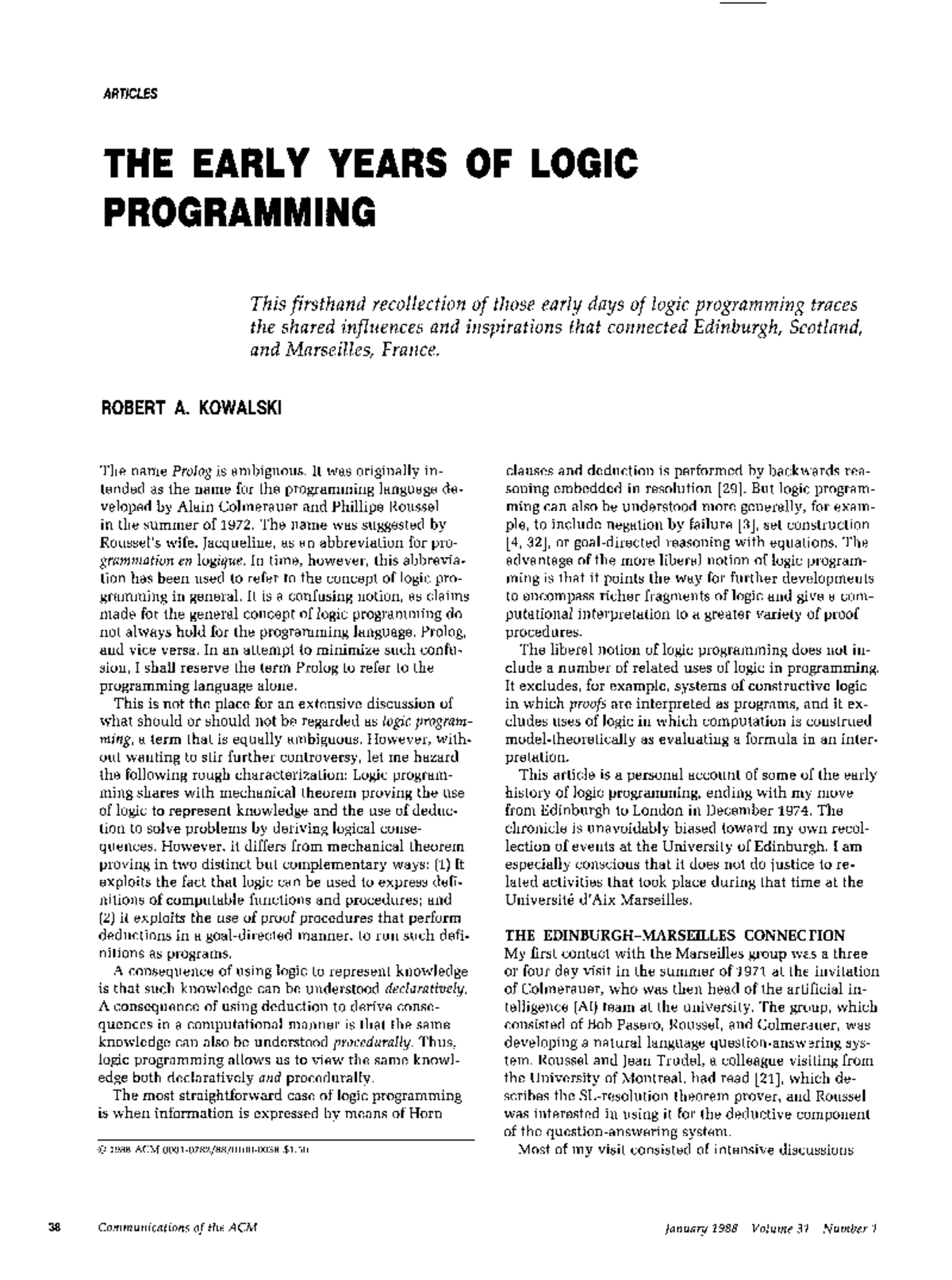 The early years of logic programming - THE EARLY YEARS OF LOGIC ...