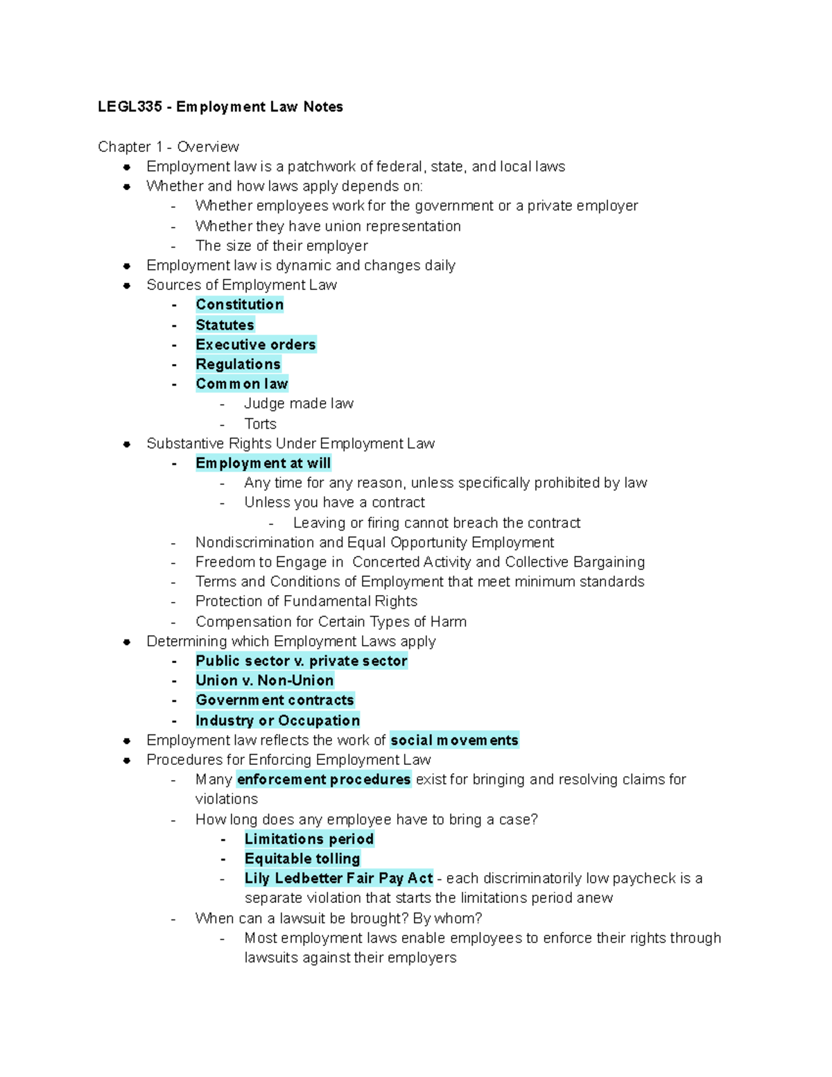 LEGL335 - Employment Law Notes (pre-midterm) - LEGL335 - Employment Law ...