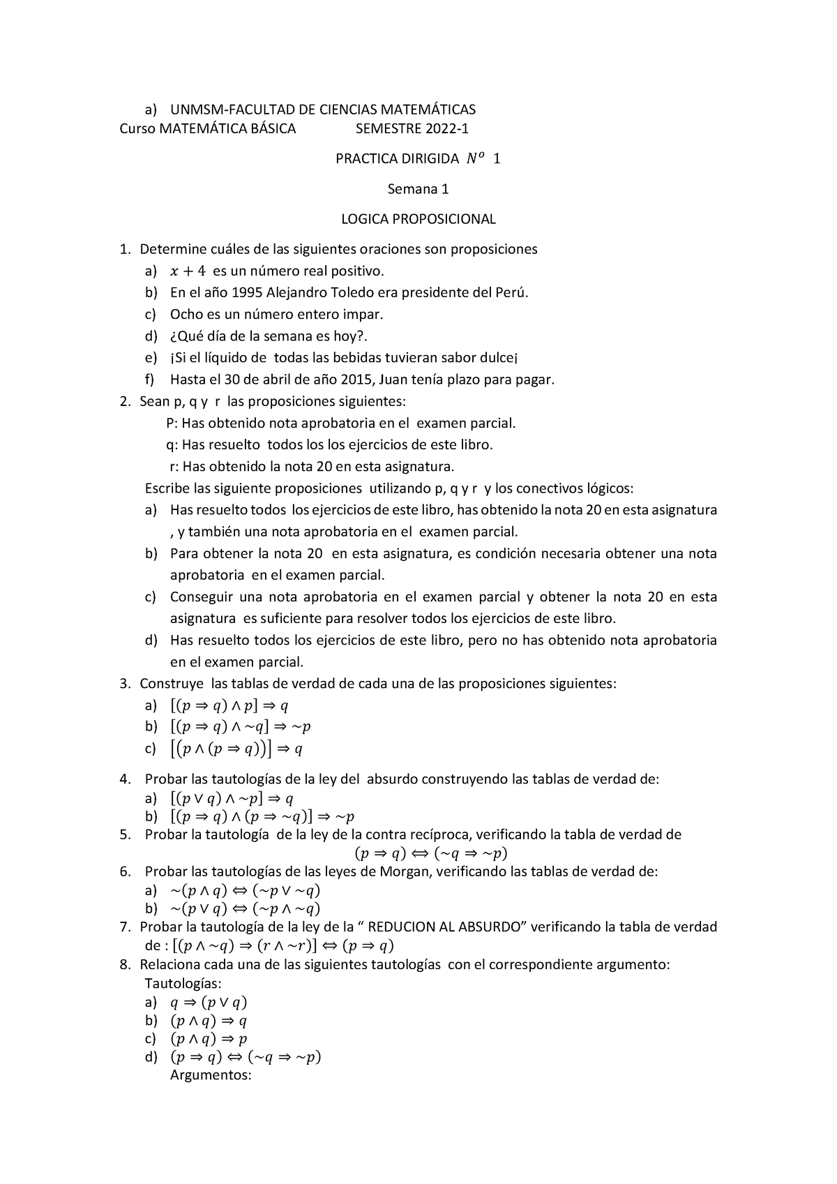 Practica 1 - Examen - A) UNMSM-FACULTAD DE CIENCIAS MATEM¡TICAS Curso ...