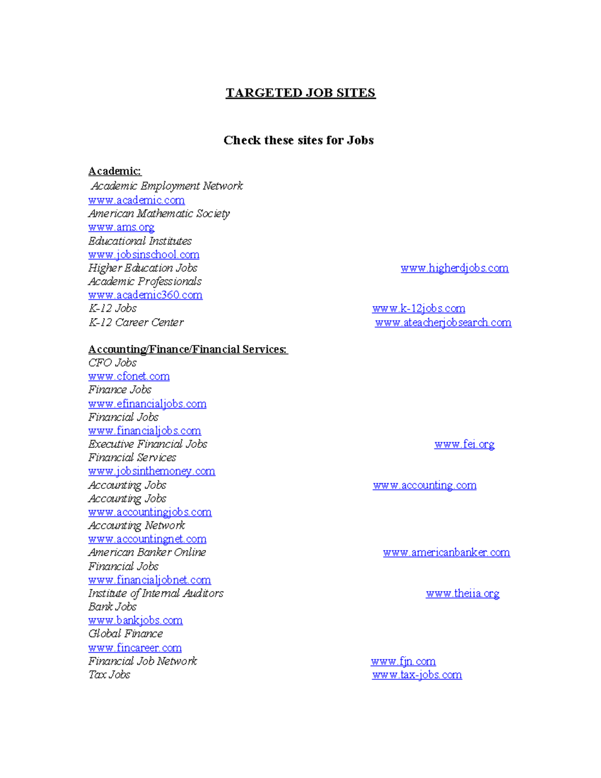 Targeted JOB Sites - n/A - TARGETED JOB SITES Check these sites for ...