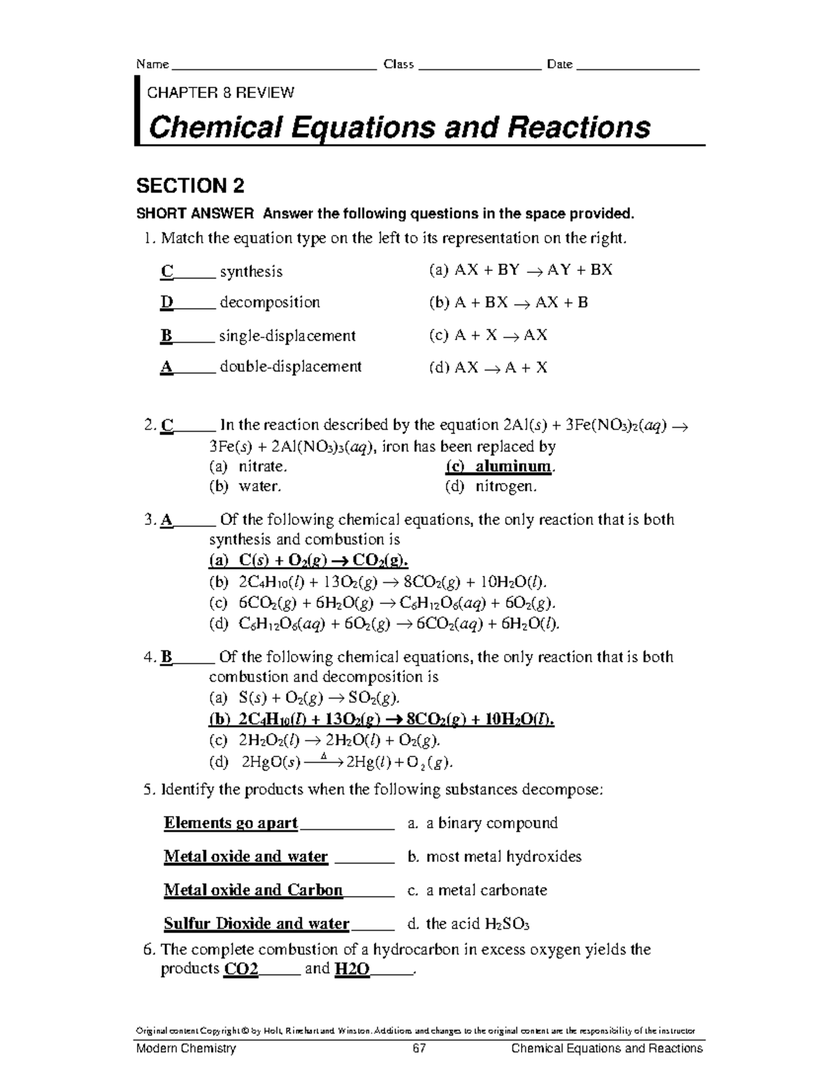 Typesof Reaction Practice - Name                                Class 