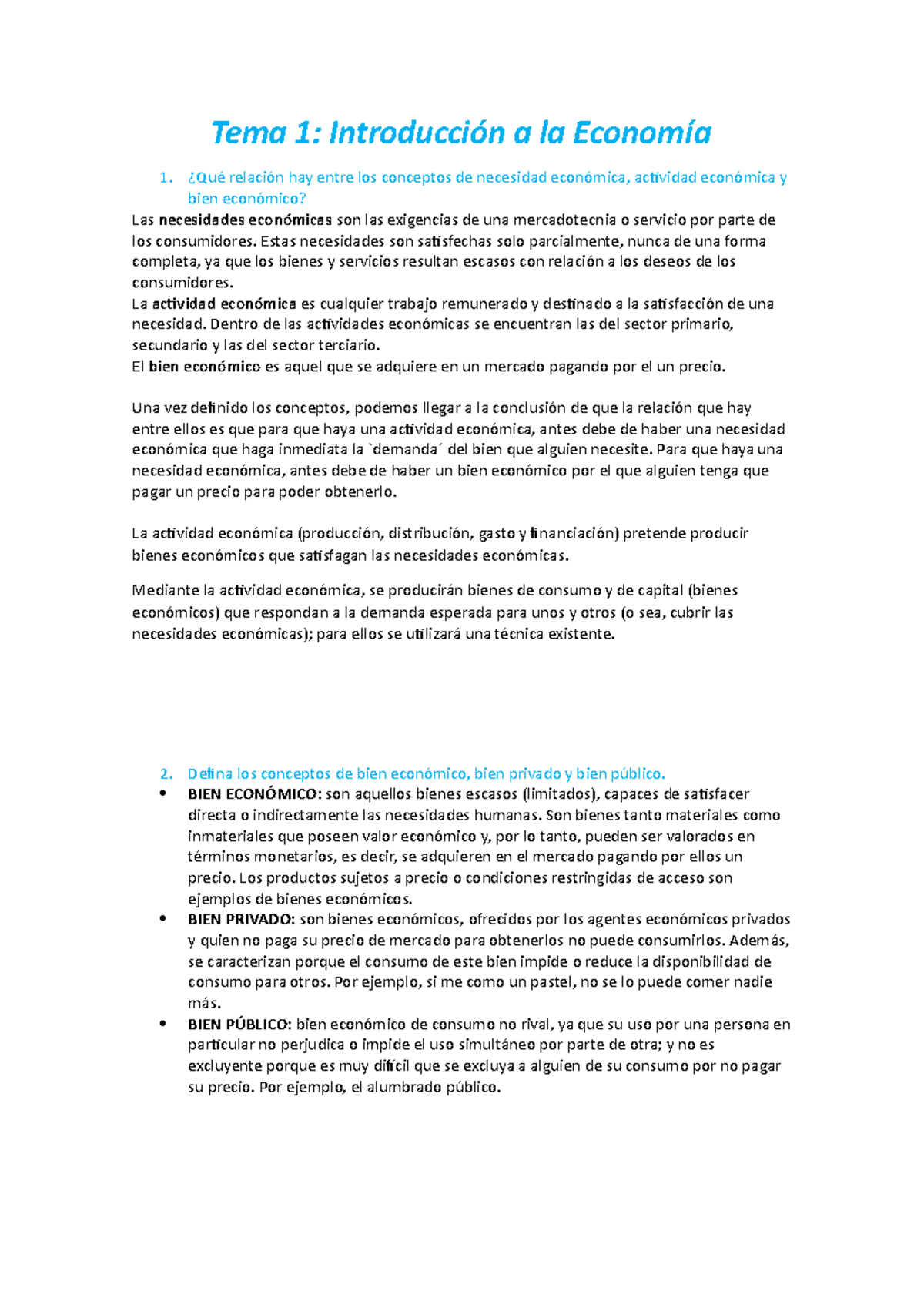 Tema 1 Economía Respuestas - Tema 1: Introducción A La Economía ¿Qué ...