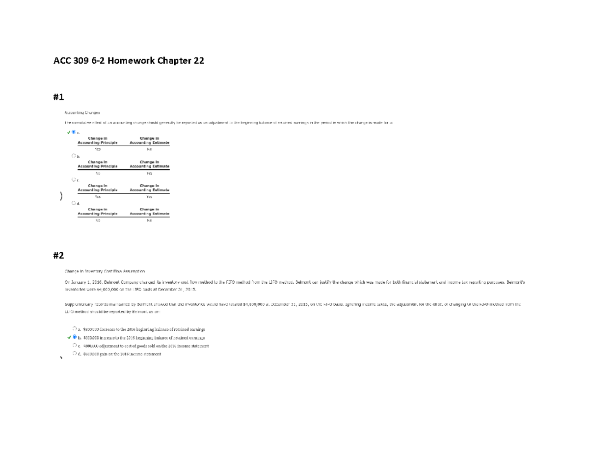 ACC 309 6-2 Homework - ACC309 - ACC 309 6-2 Homework Chapter - Studocu