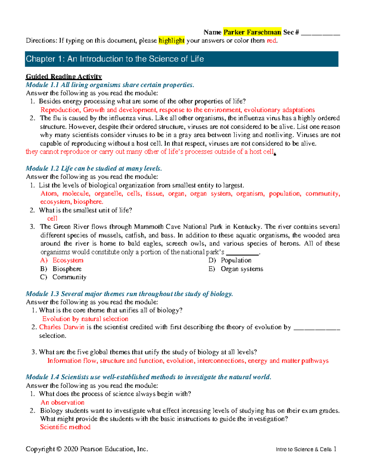 Intro Science & Cells ARG - Name Parker Farschman Sec ...