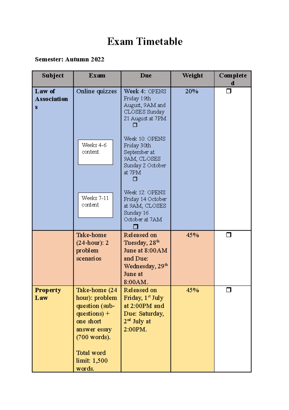 Exam Schedule Template - Exam Timetable Semester: Autumn 2022 Subject ...