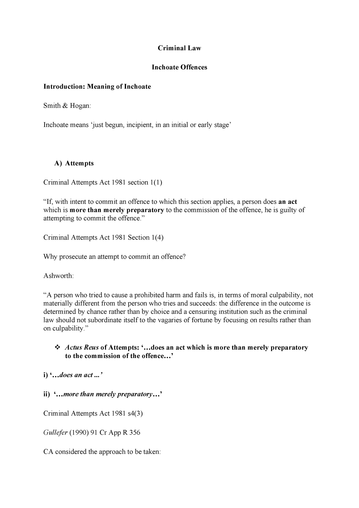 Inchoate Offences Handout - Criminal Law Inchoate Offences Introduction ...