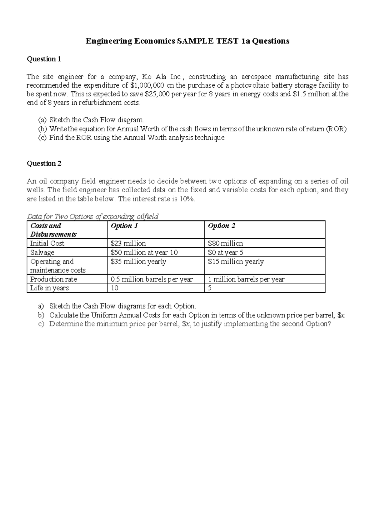 Sample Test 1a Questions 2022 MECMAE4404 Engineering Economics