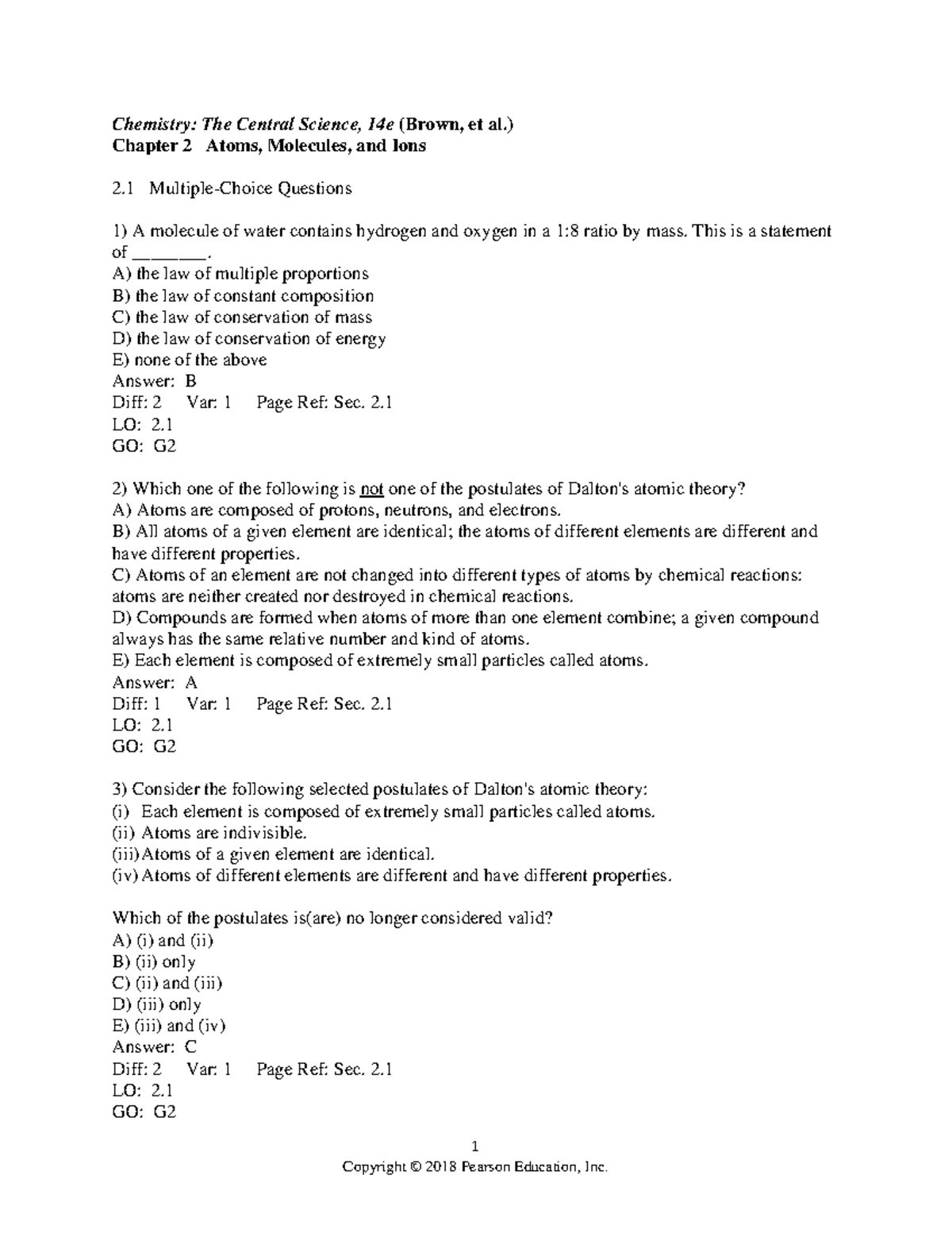 Test Bank Chem - Chem - 1 Chemistry: The Central Science, 14e (Brown ...