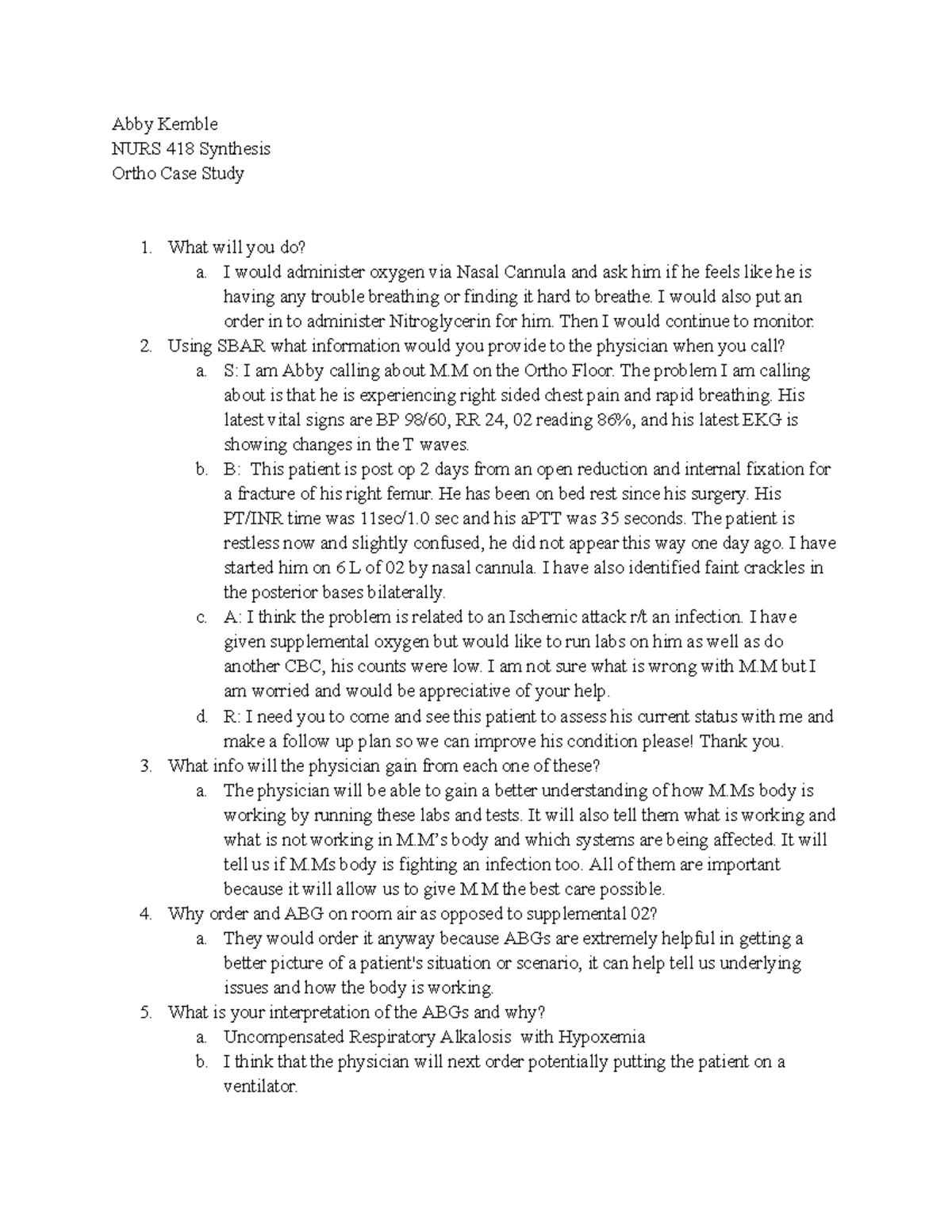 Ortho Case Study - n/a - Abby Kemble NURS 418 Synthesis Ortho Case ...