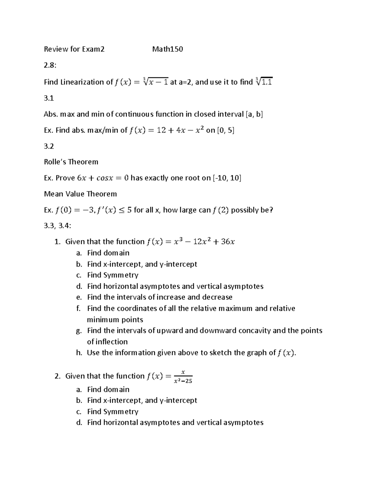 Hunter College Calc I Exam 2 - Review for Exam 2 Math1 50 2: Find ...