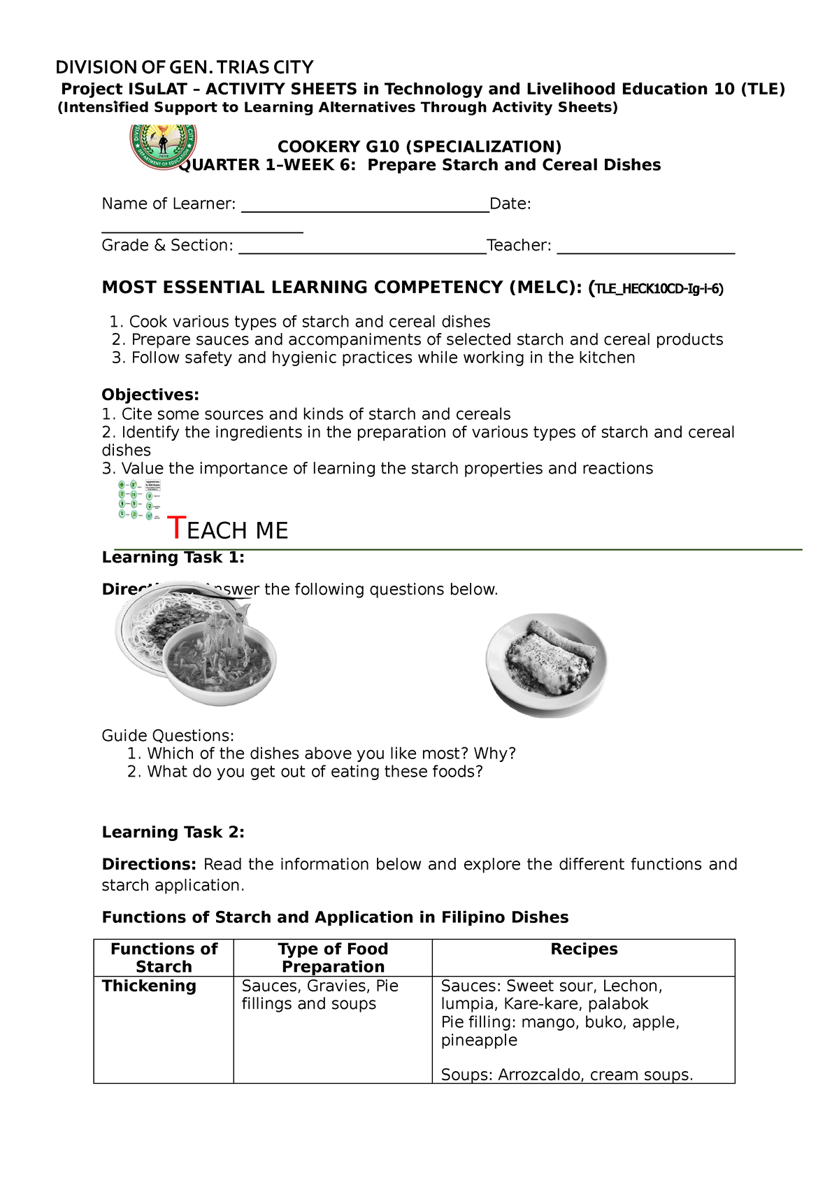 Cookery-10 Q1 W6 - Notes - COOKERY G10 (SPECIALIZATION) QUARTER 1–WEEK ...