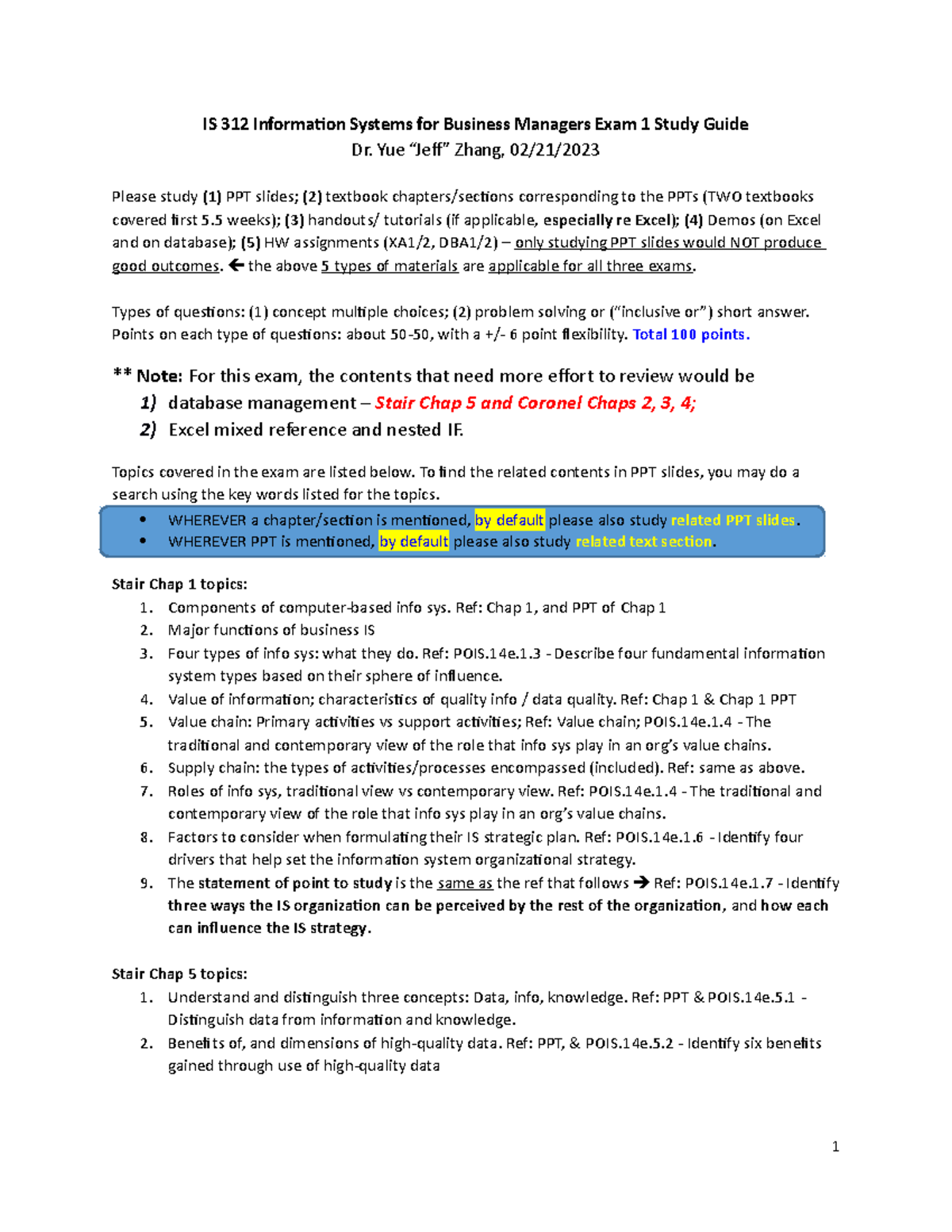 2023 IS312 Exam1 Study Guide - IS 312 Information Systems for Business ...