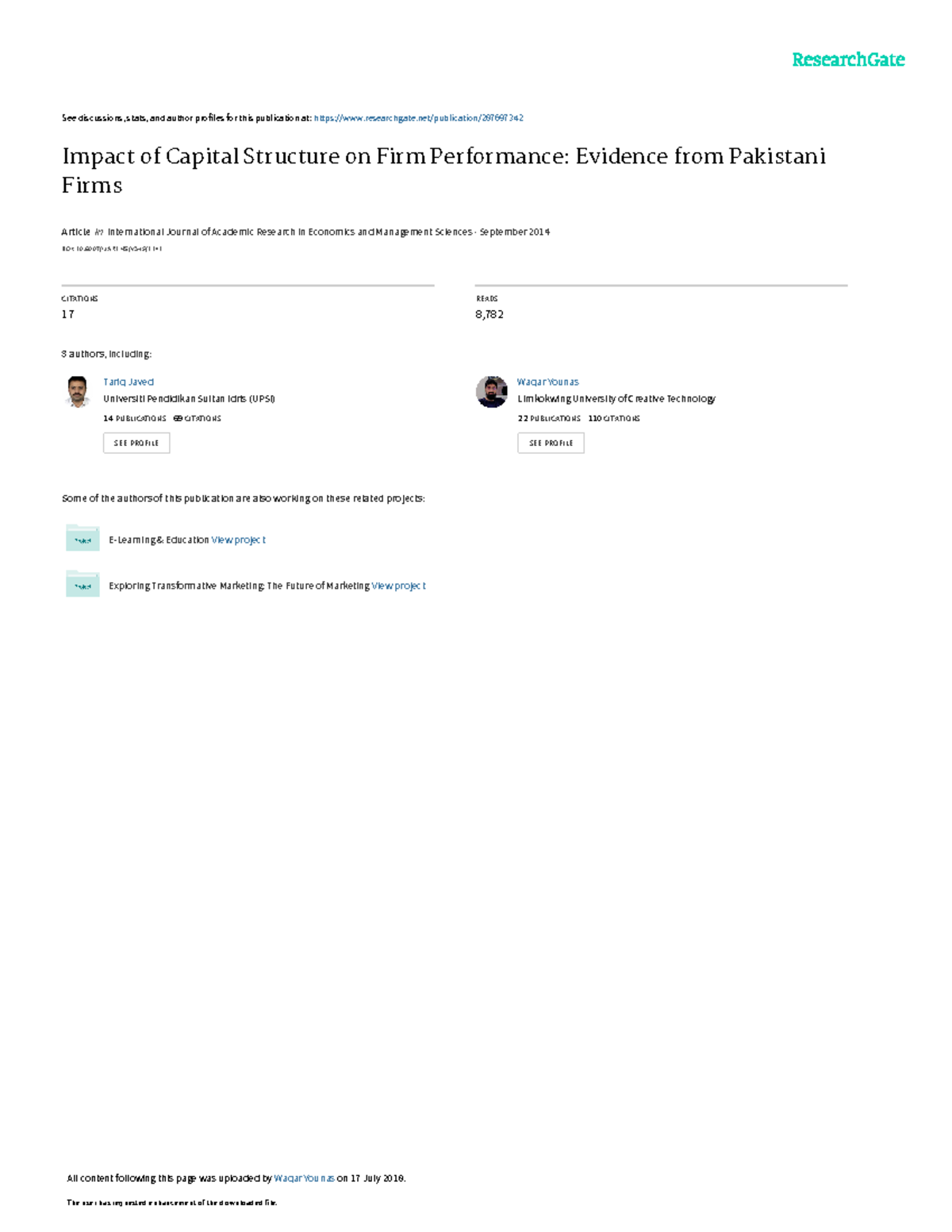 Impact of Capital Structure on Firm Performance Evidence from Pakistani ...