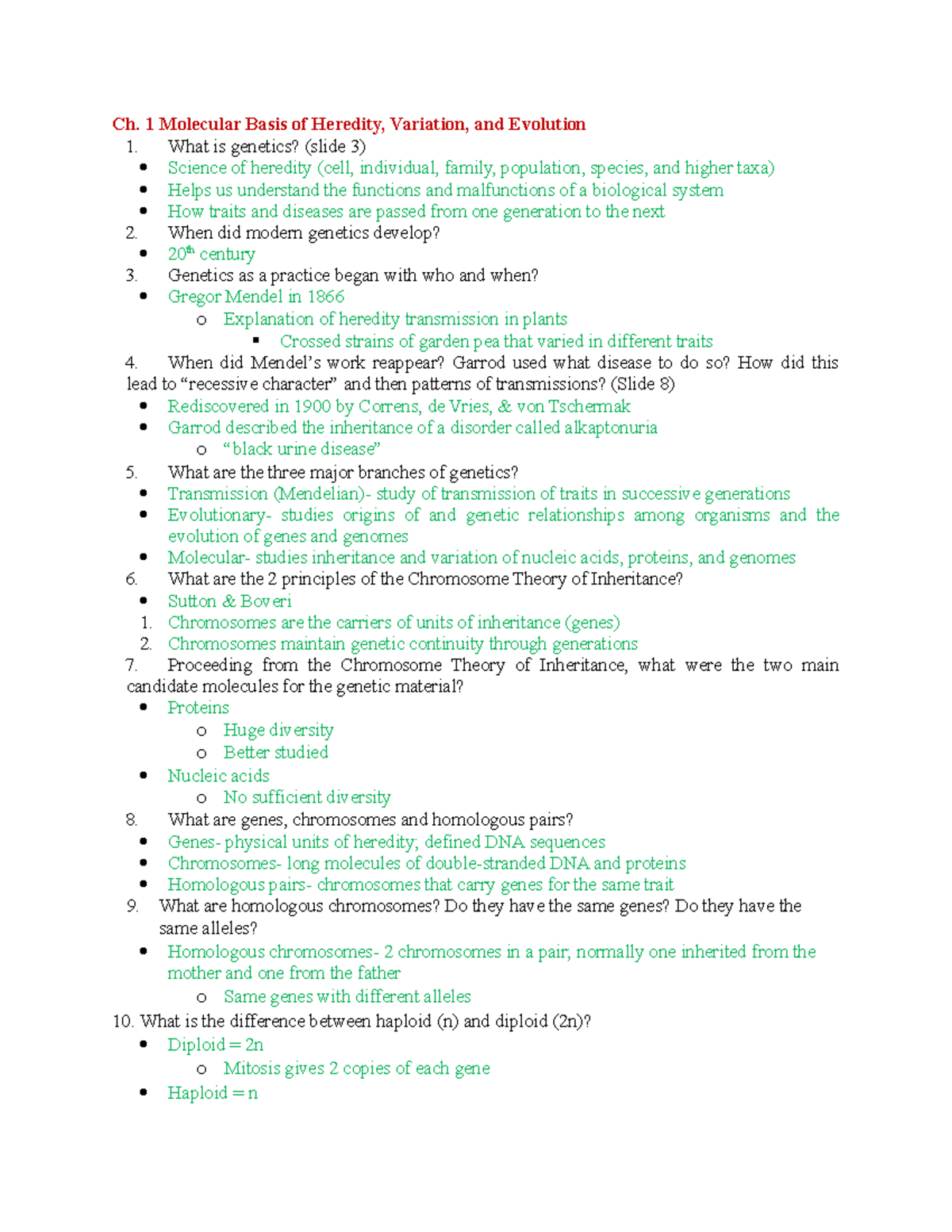 CH.1 Molecular Basis of Herdity, Variation, and Evolution Review - Ch