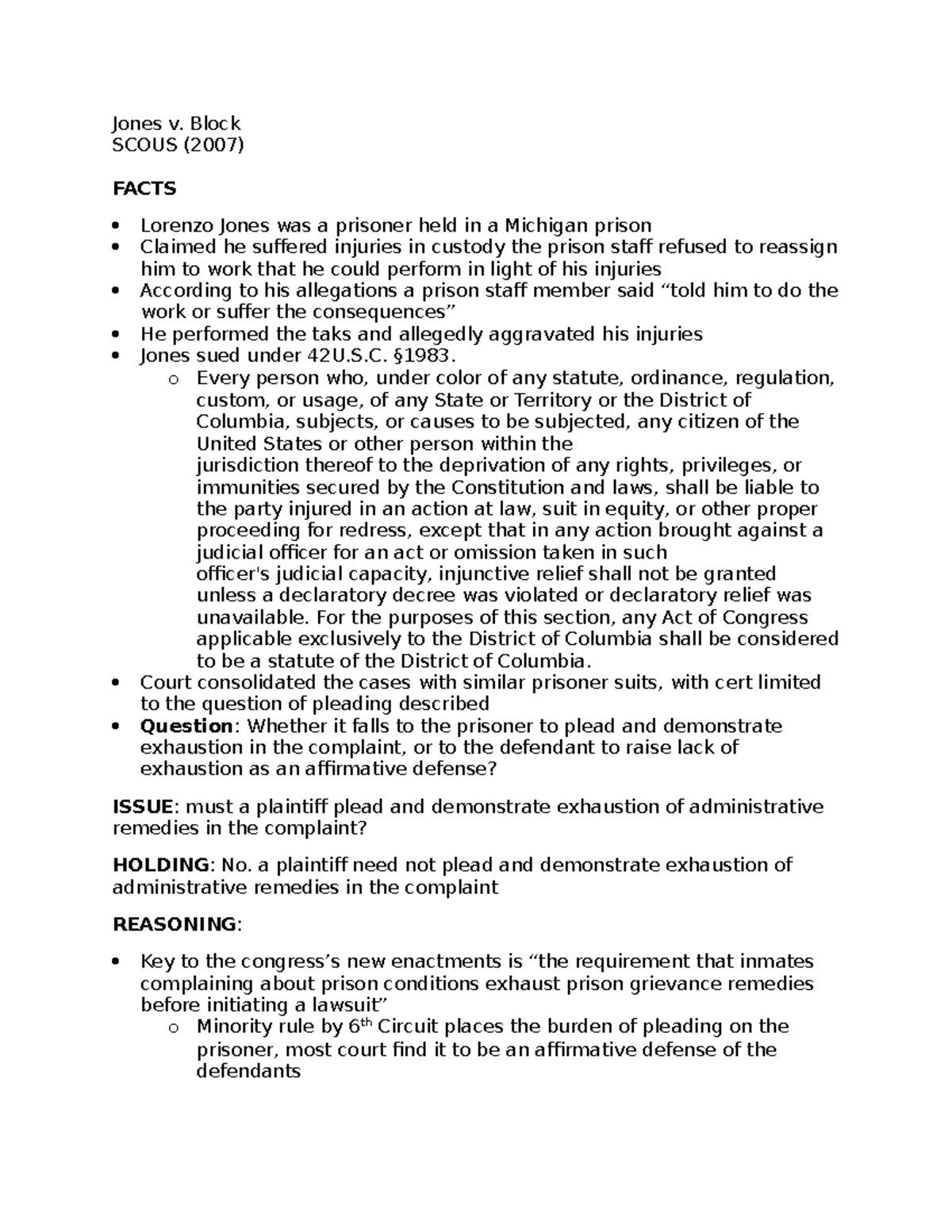 Jones v pg. 373 Case Brief Civ Pro I 2019 Jones v. Block SCOUS