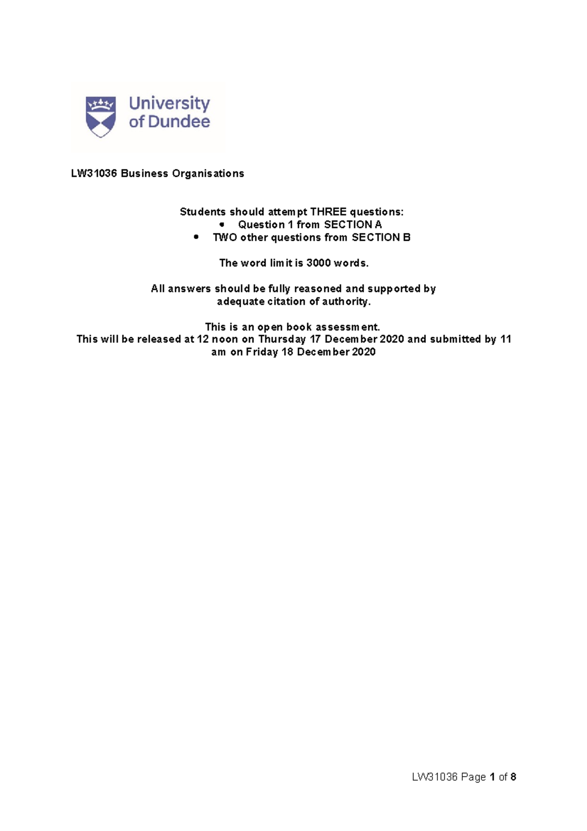 LW31036 exam - exam - LW31036 Business Organisations Students should ...