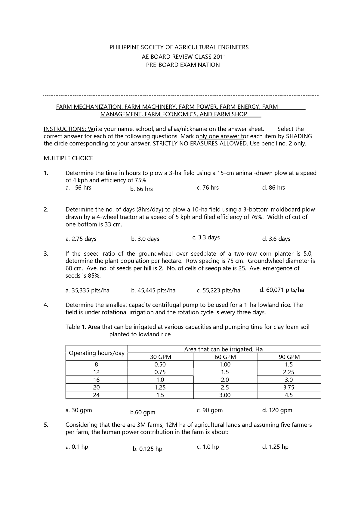 Pre-board (A I-III) - Pre board for Ag Eng 2011 - a. 0 hp b. 0 hp c. 1 ...