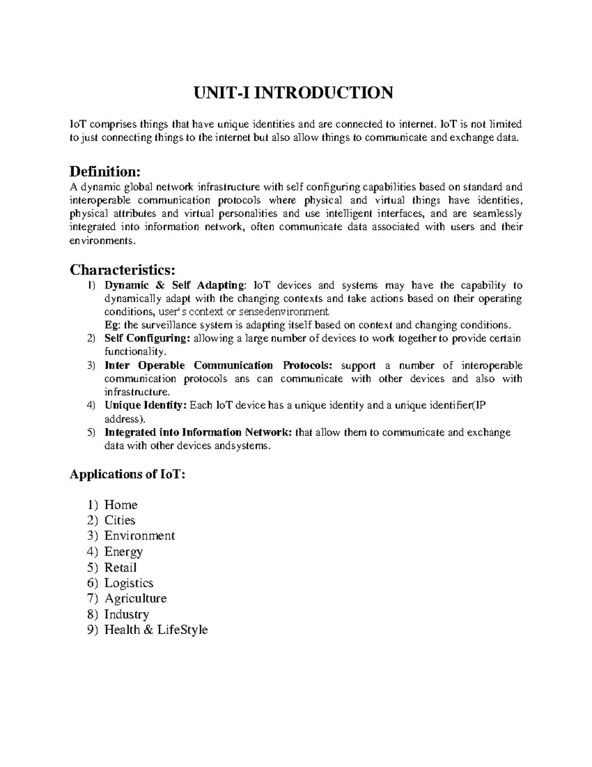 IOT Unit 1 - UNIT-I INTRODUCTION IoT comprises things that have unique ...