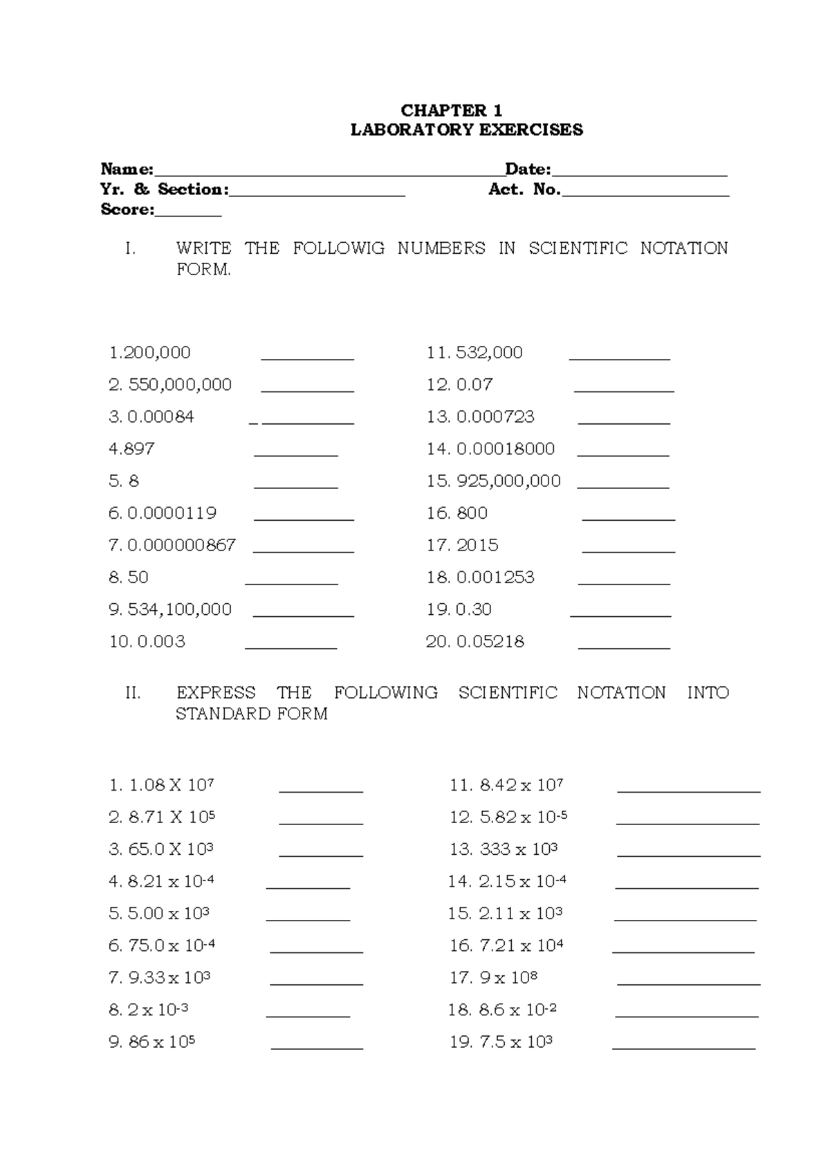 Laboratory Chapter 1Exercises - CHAPTER 1 LABORATORY EXERCISES Name ...