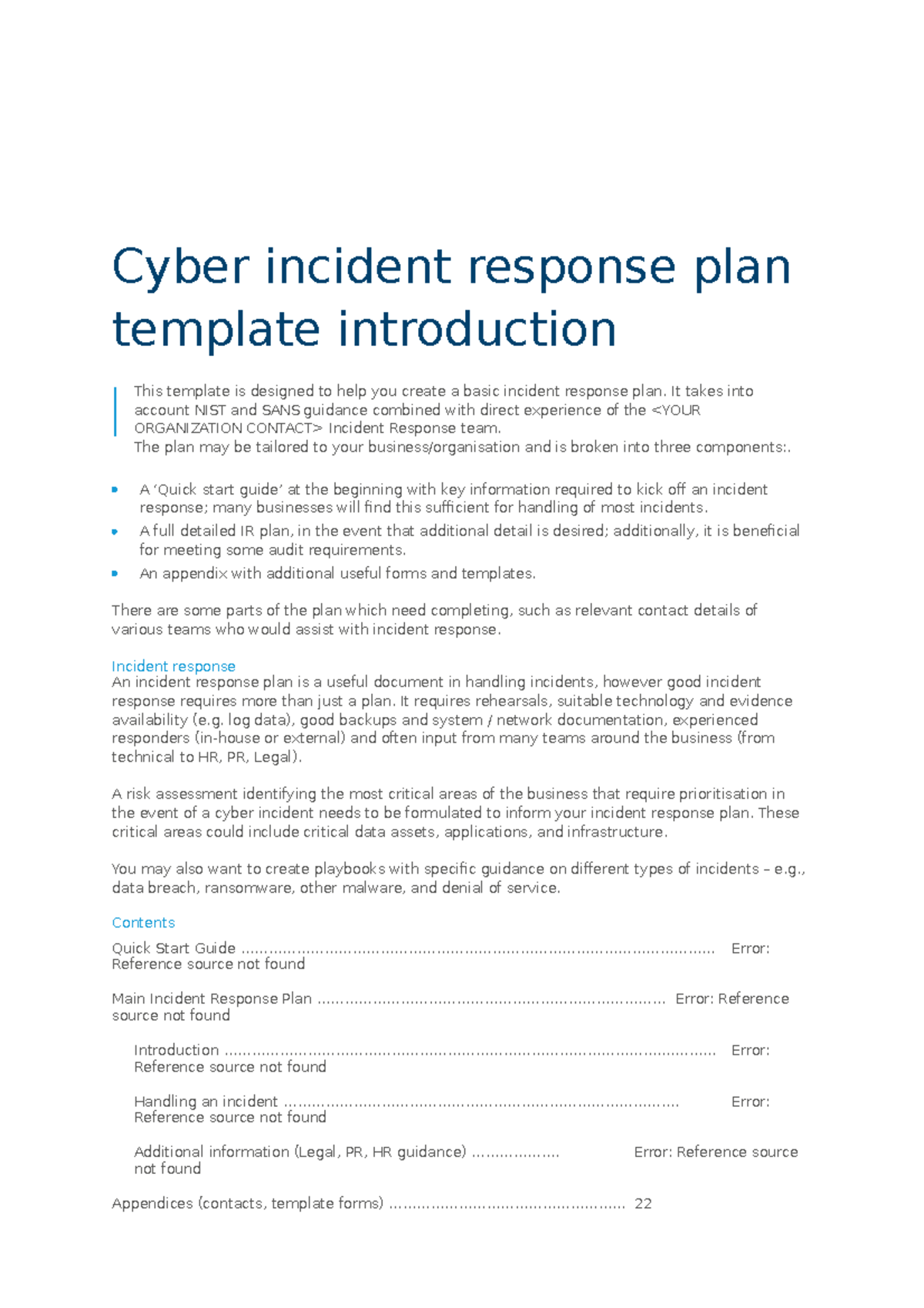 Cyber IR Plan Template 2022 v1 - Cyber incident response plan template ...