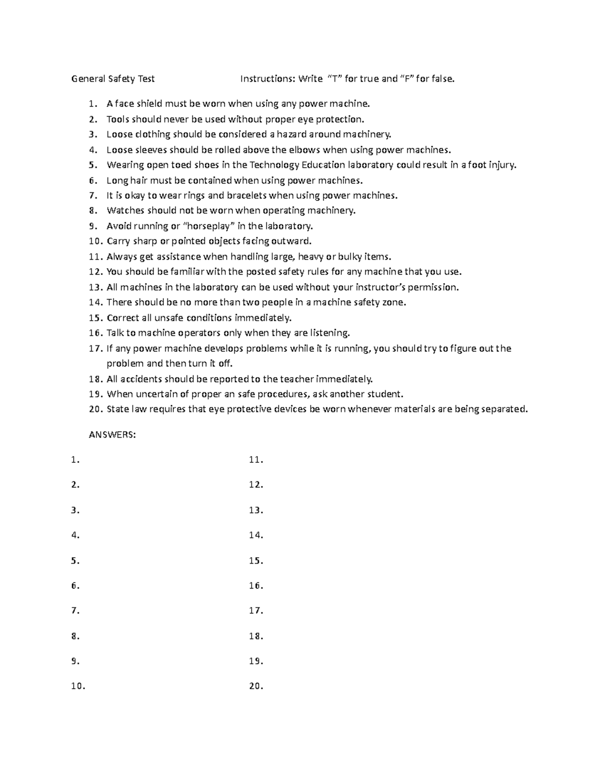 General safety test General Safety Test Instructions Write “T” for