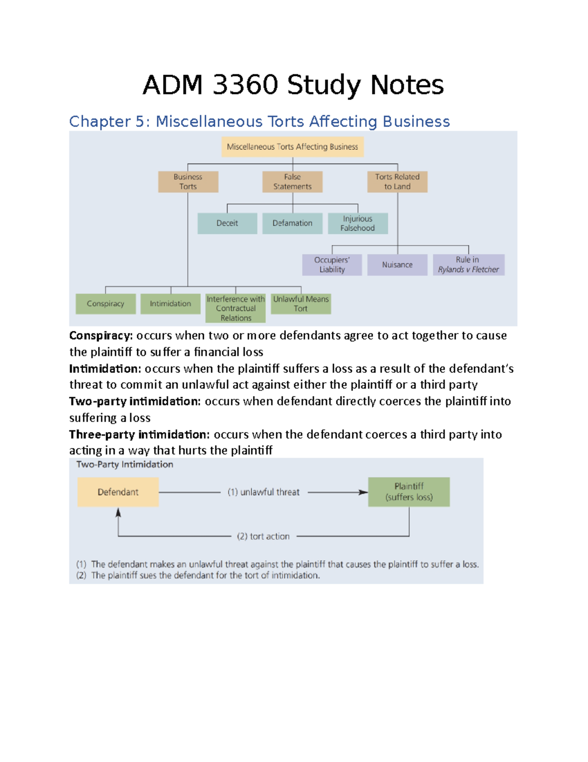 Adm 3360 Chapter 5 Notes Adm 3360 Study Notes Chapter 5 Miscellaneous Torts Affecting Adm 3360 Chapter 5 Notes Adm 3360 Study Notes Chapter 5 Miscellaneous Torts Affecting