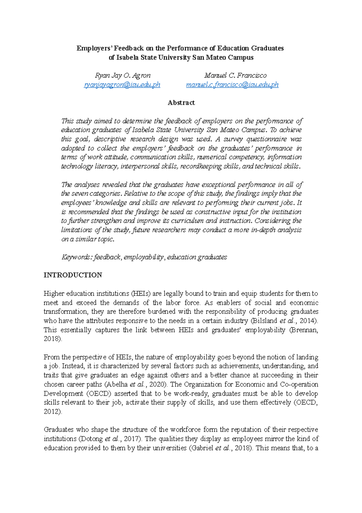 Feedback ON Graduates Performance - Employers’ Feedback on the ...