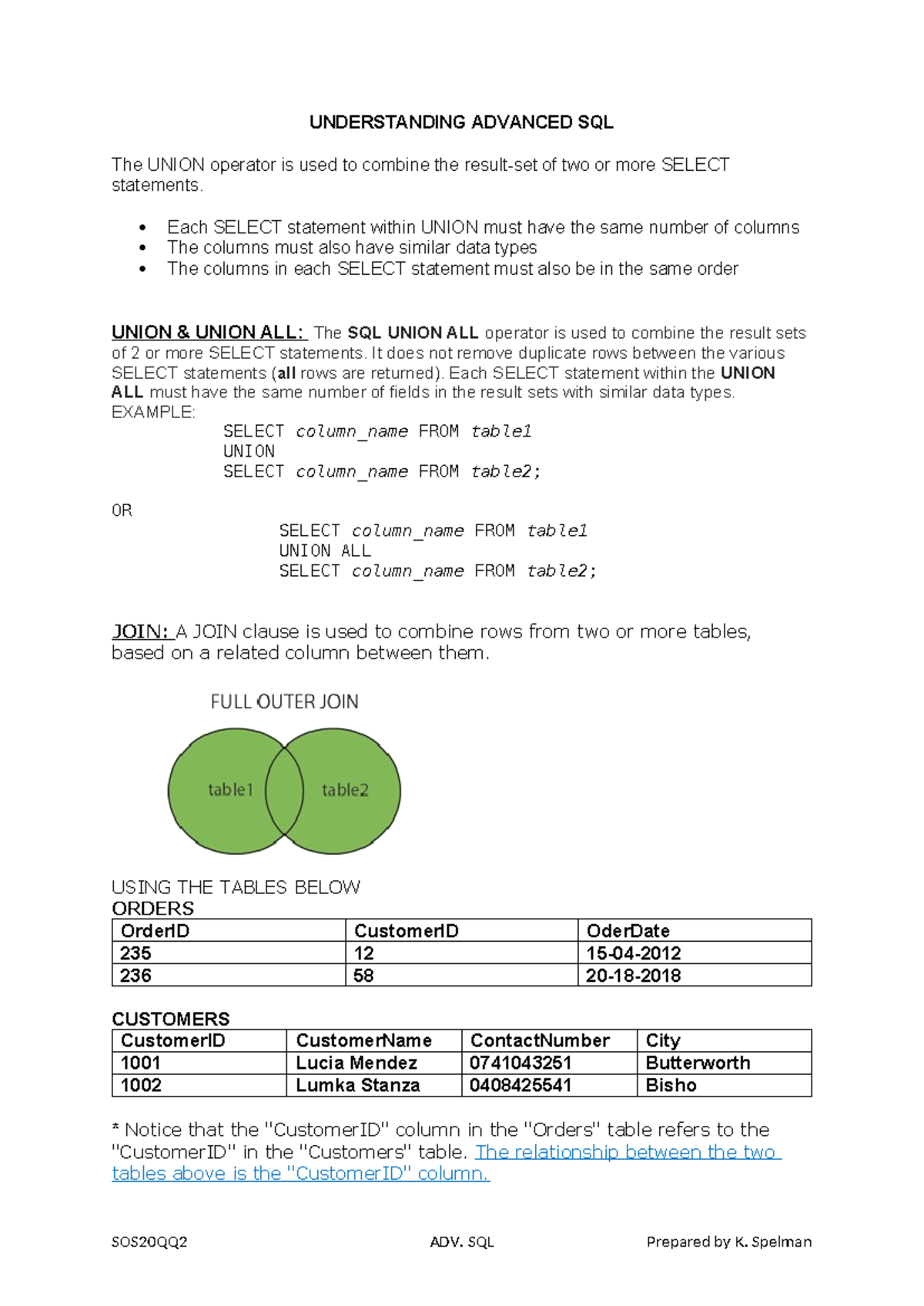 ADV SQL Statements - UNDERSTANDING ADVANCED SQL The UNION operator is ...