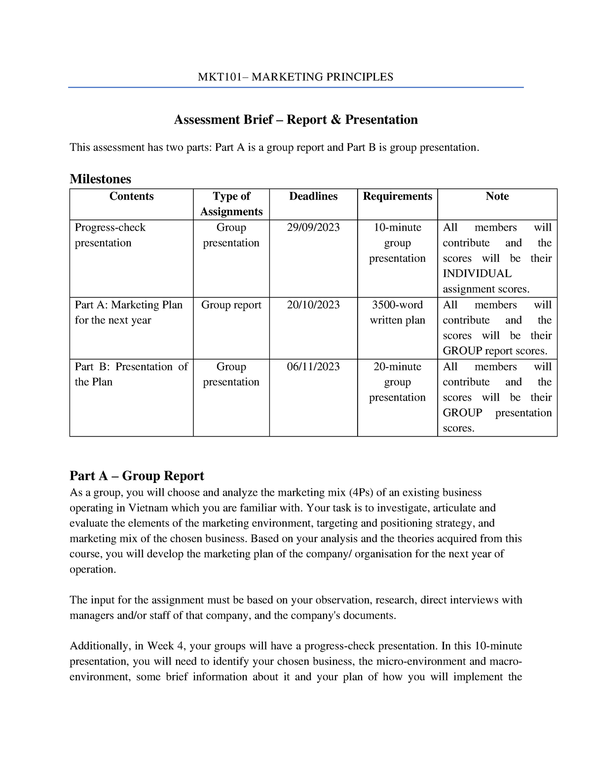 FA23 MKT101 Assignment Brief - MKT101– MARKETING PRINCIPLES Assessment ...