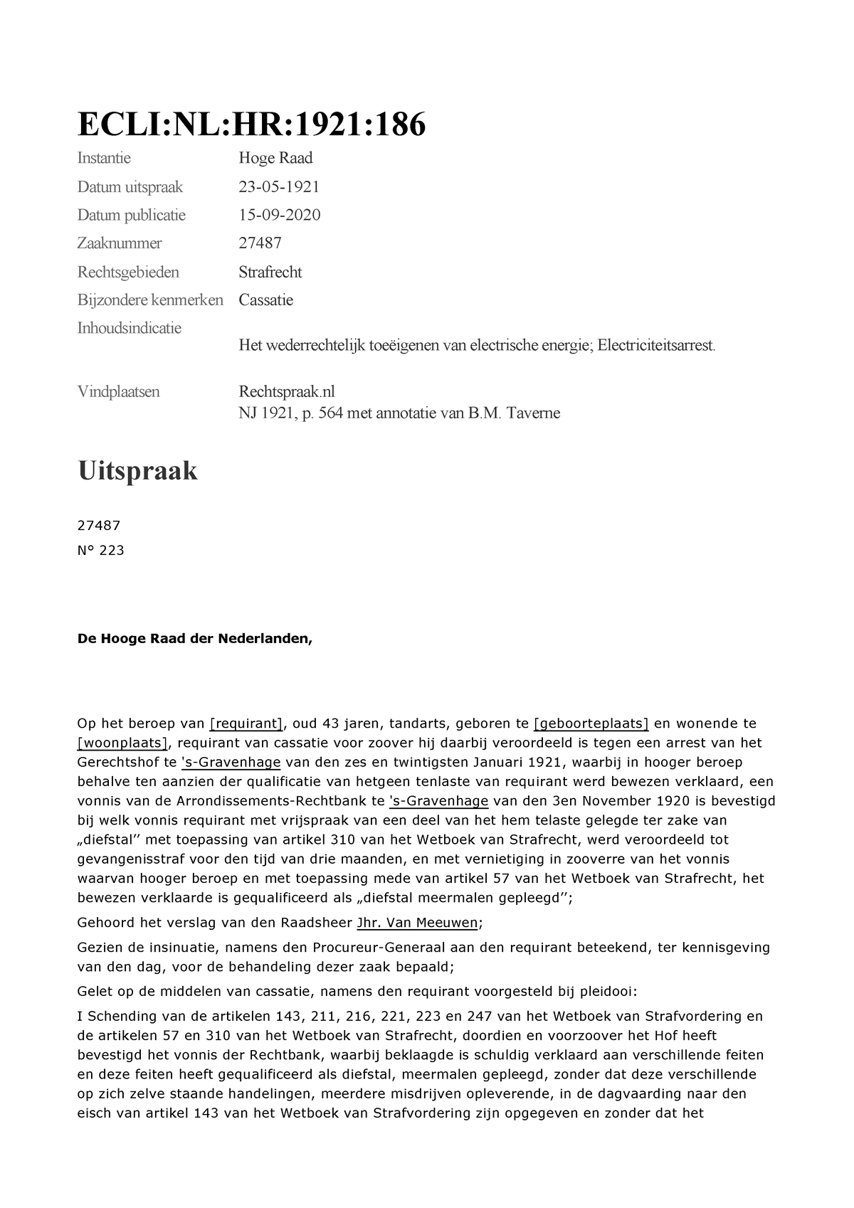 ECLI NL HR 1921 186 Electriciteit Arrest - Instantie Hoge Raad Datum ...