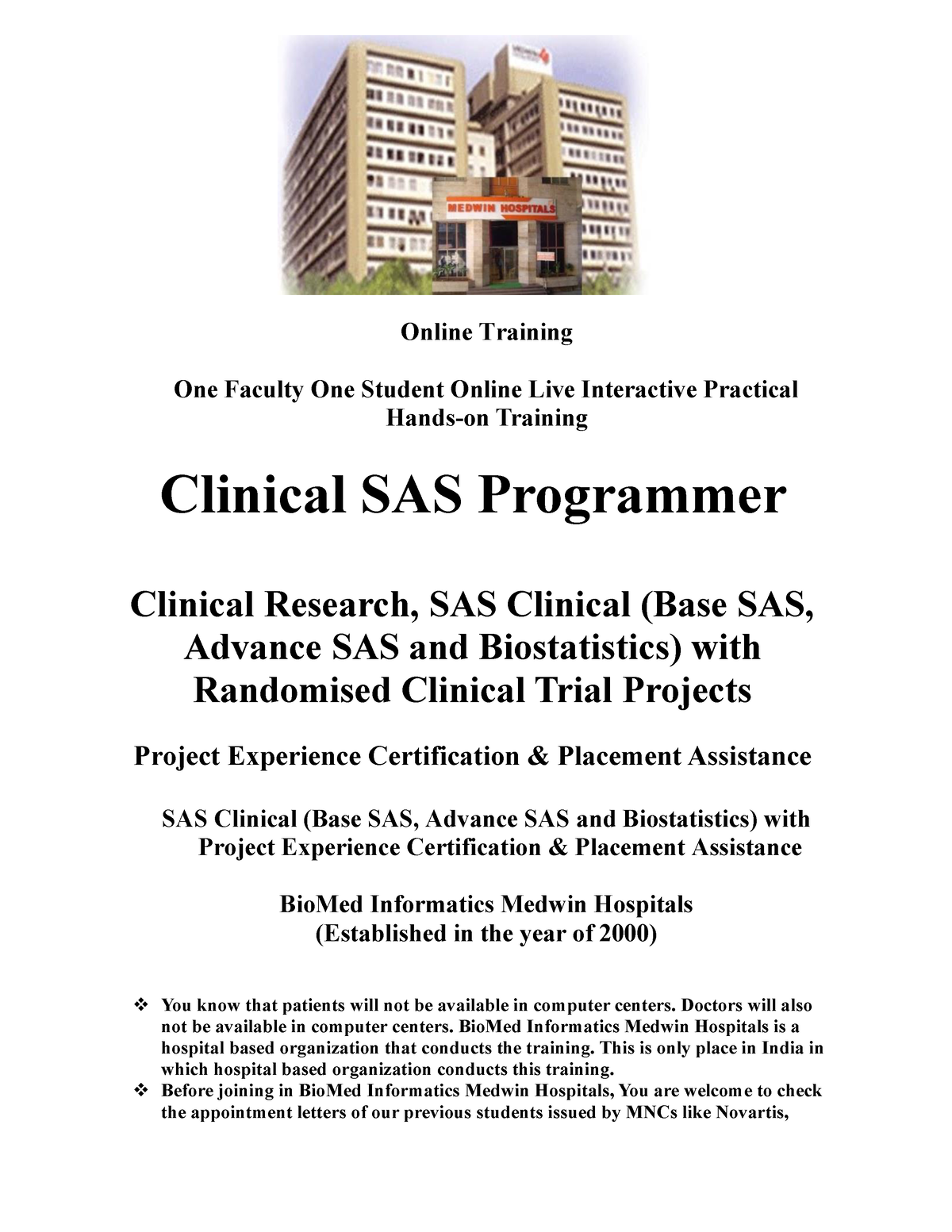 Online Clinical SAS Lecture notes 1 Online Training One Faculty