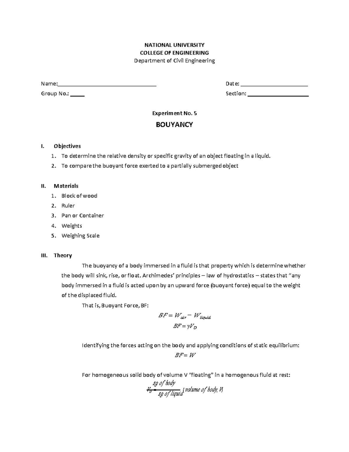 buoyancy experiment lab report