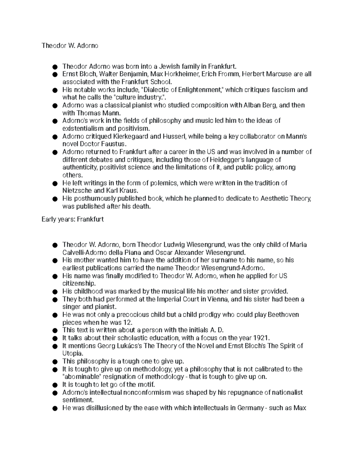 Theodor W. Adorno Lecture Notes Theodor W. Adorno Theodor Adorno