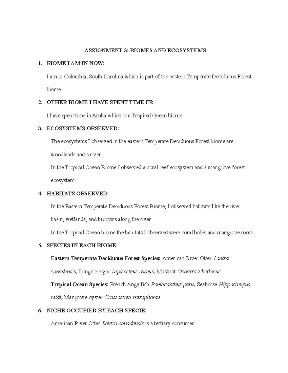Assignment 3 Environmental Science 101 - ASSIGNMENT 3: BIOMES AND ...
