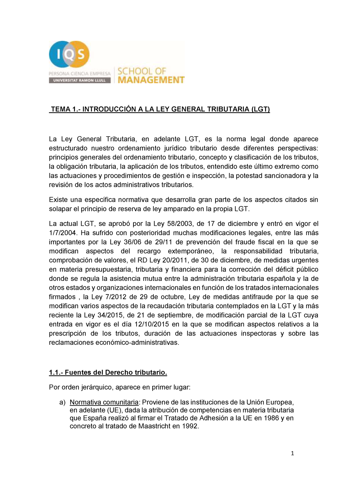 Apuntes Dº Fiscal TEMA 1 LGT 2º ADE (2021-22) - TEMA 1.- INTRODUCCIÓN A ...