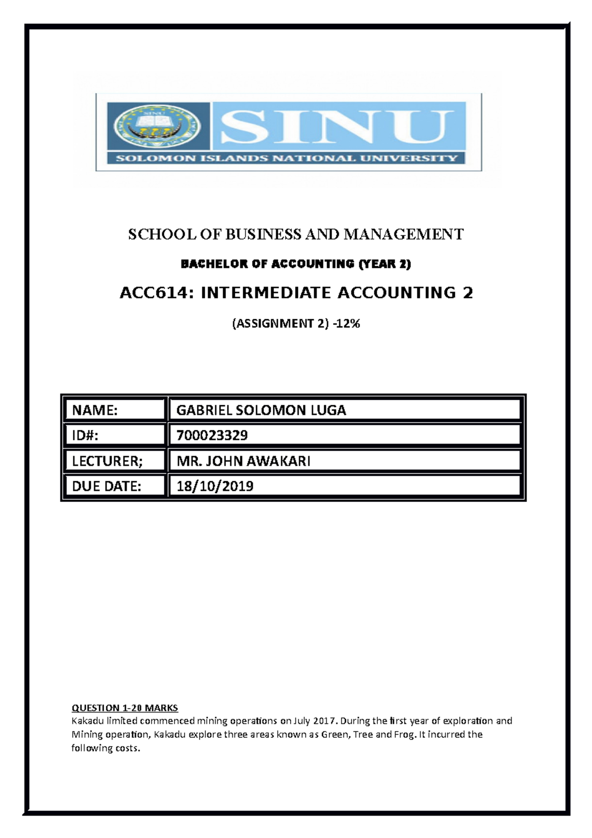 Intermediate Accounting 2 , Assignment (2)1 - SCHOOL OF BUSINESS AND ...